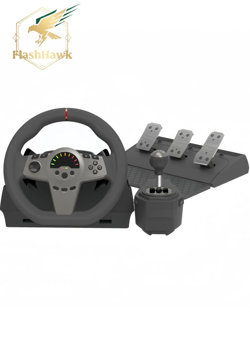 FlashHawk PC Steering Wheel, Universal Usb Car Sim 270 Degree Race Steering Wheel with 3-Pedals and Shifter Bundle for PC, Xbox One, Xbox Series X/S, PS4, PS3, Switch - Image 1